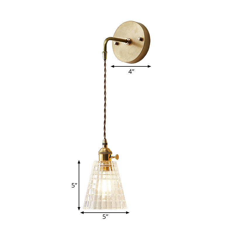 Skørter | Tapered Clear Textured Glass Wall Lamp Industrial Single Bulb Bedroom Wall Lamp in Brass