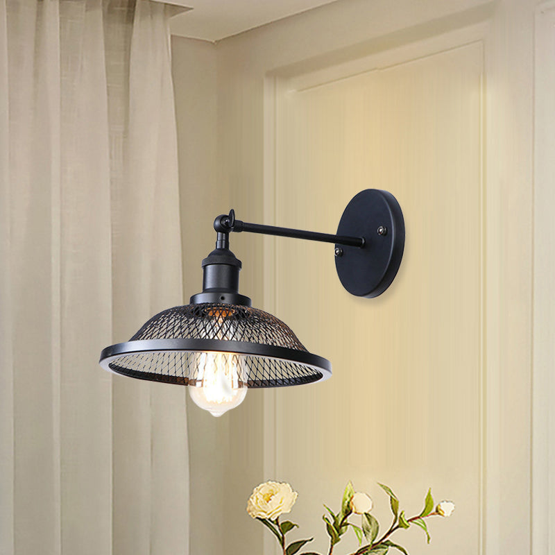 Skørter | Flared Restaurant Wall Lamp with Mesh Shade Retro Style Wrought Iron 1 Bulb Black/Rust Wall Lamp