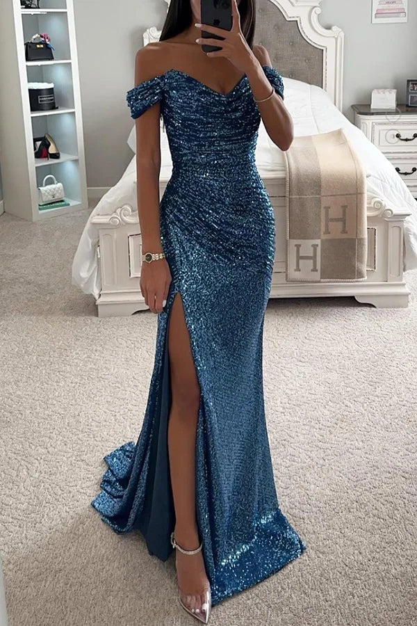 Lisslune | Sequin Off-Shoulder Draped Split Evening Maxi Dress