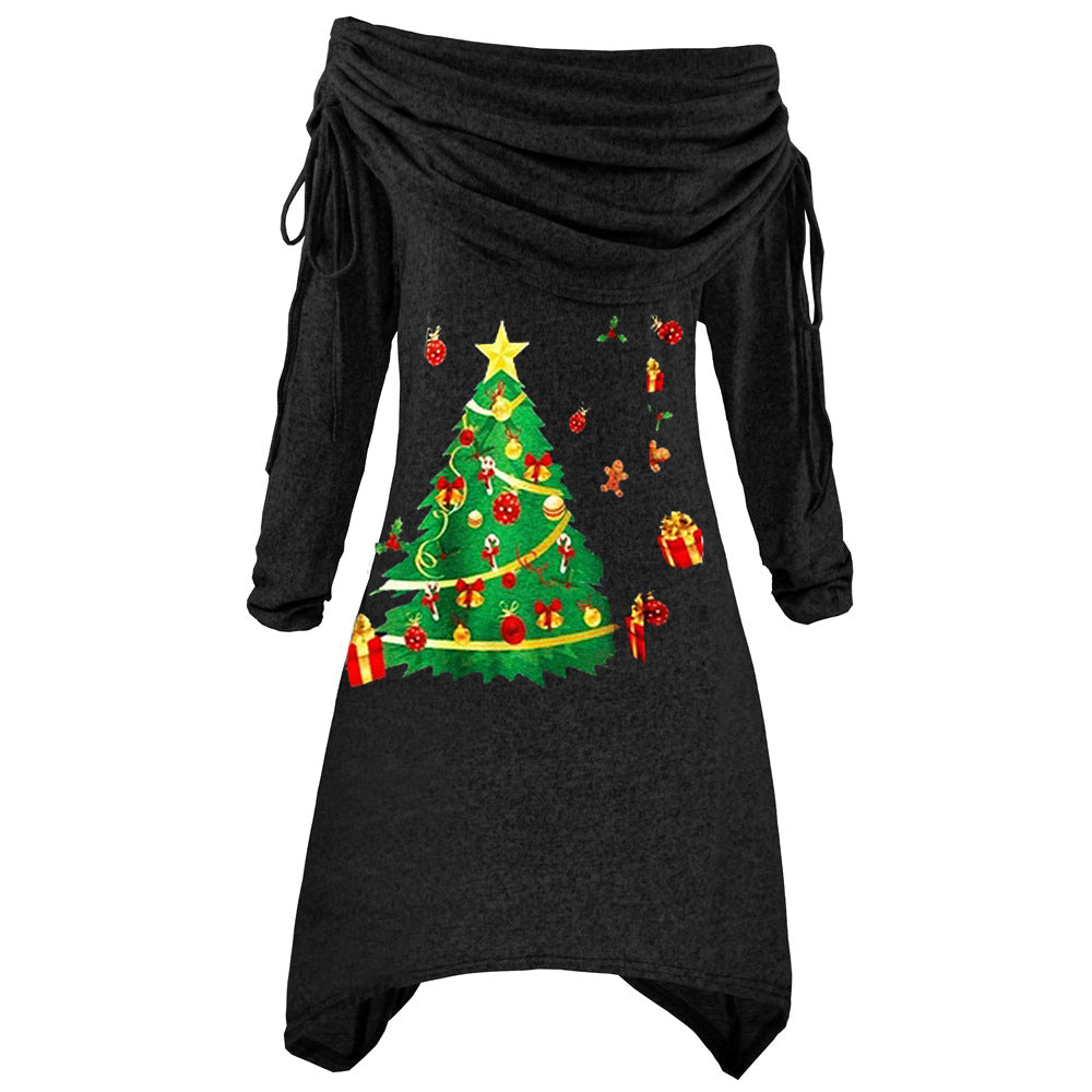 Women's casual Christmas dress with off-the-shoulder design and festive print Lisslune