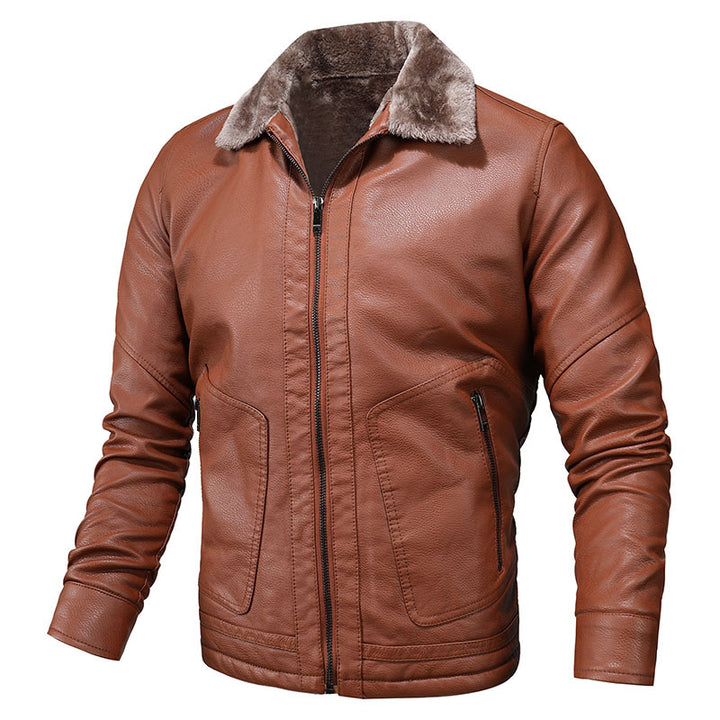 Men's Biker Jacket Made Of High-Quality Leather with Warm Fleece Collar Lisslune