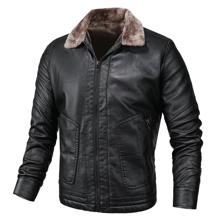 Men's Biker Jacket Made Of High-Quality Leather with Warm Fleece Collar Lisslune