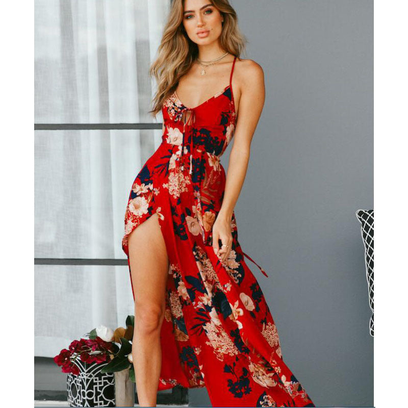 Women's maxi dress with floral design and sexy slit