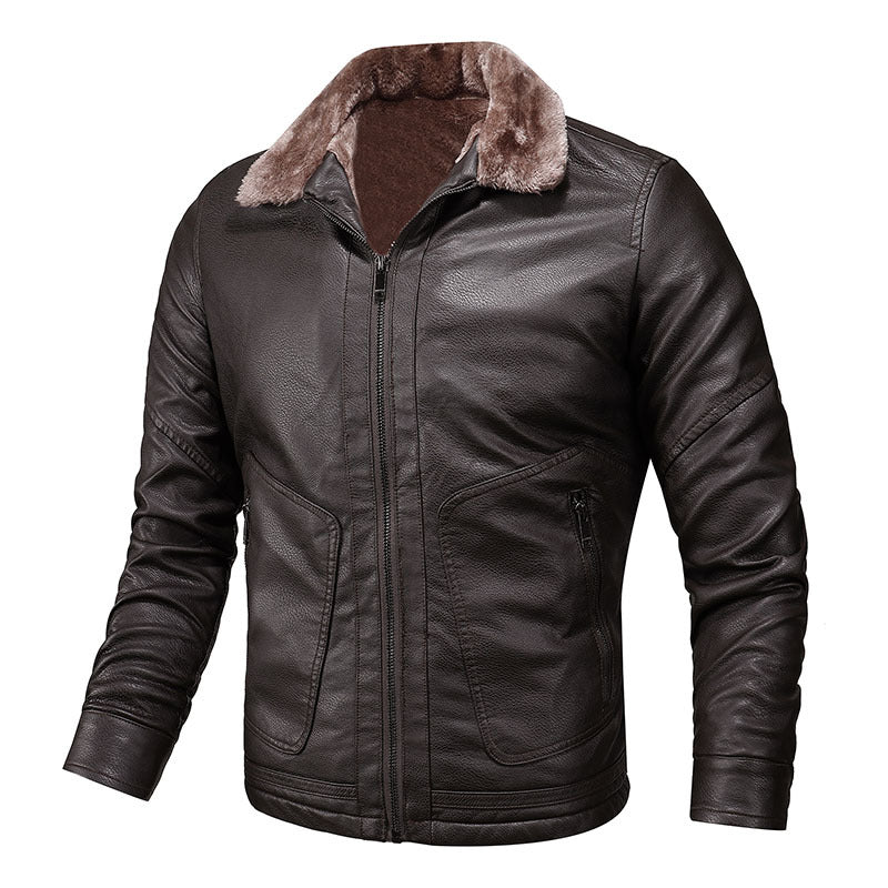 Men's Biker Jacket Made Of High-Quality Leather with Warm Fleece Collar Lisslune
