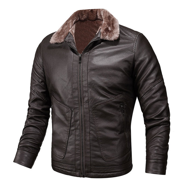 Men's Biker Jacket Made Of High-Quality Leather with Warm Fleece Collar Lisslune
