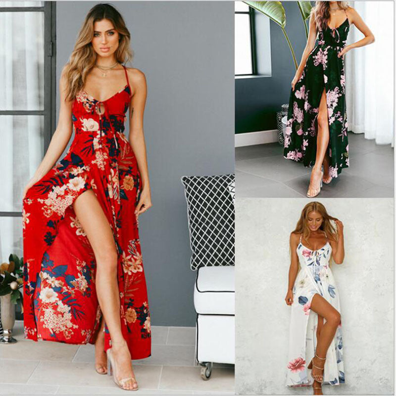 Women's maxi dress with floral design and sexy slit