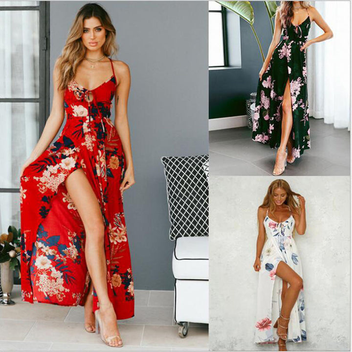 Women's maxi dress with floral design and sexy slit