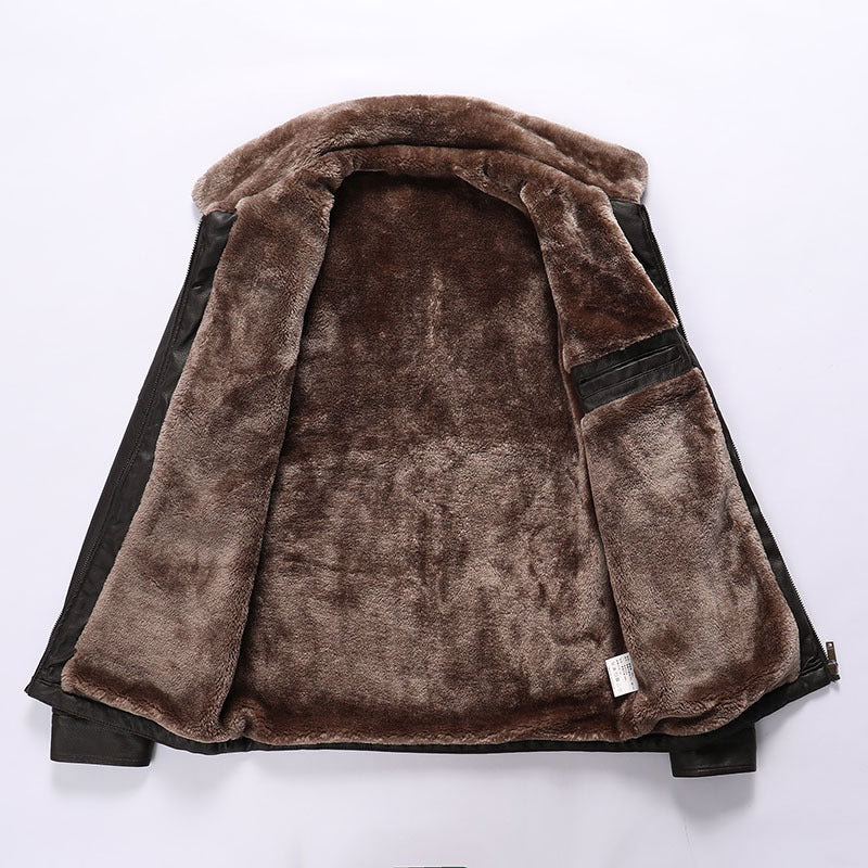 Men's Biker Jacket Made Of High-Quality Leather with Warm Fleece Collar Lisslune