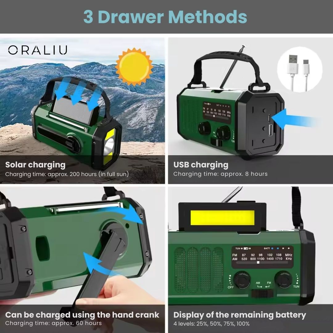 Lisslune | Solar Emergency Radio with Power Bank – Hand Crank & LED Torch for Camping and Outdoor Use