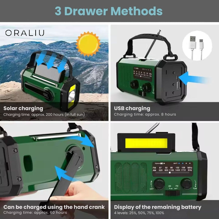 Lisslune | Solar Emergency Radio with Power Bank – Hand Crank & LED Torch for Camping and Outdoor Use