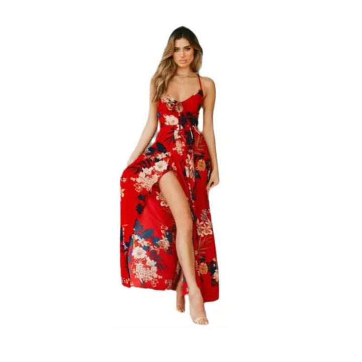 Women's maxi dress with floral design and sexy slit