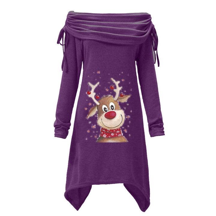 Women's casual dress with off-the-shoulder design and playful reindeer motif