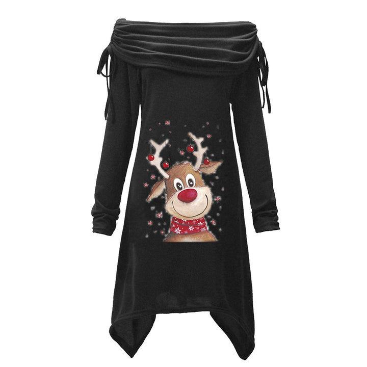 Women's casual dress with off-the-shoulder design and playful reindeer motif