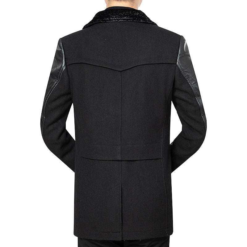 Men's Elegant Coat with Leather Sleeves and Padded Collar Lisslune