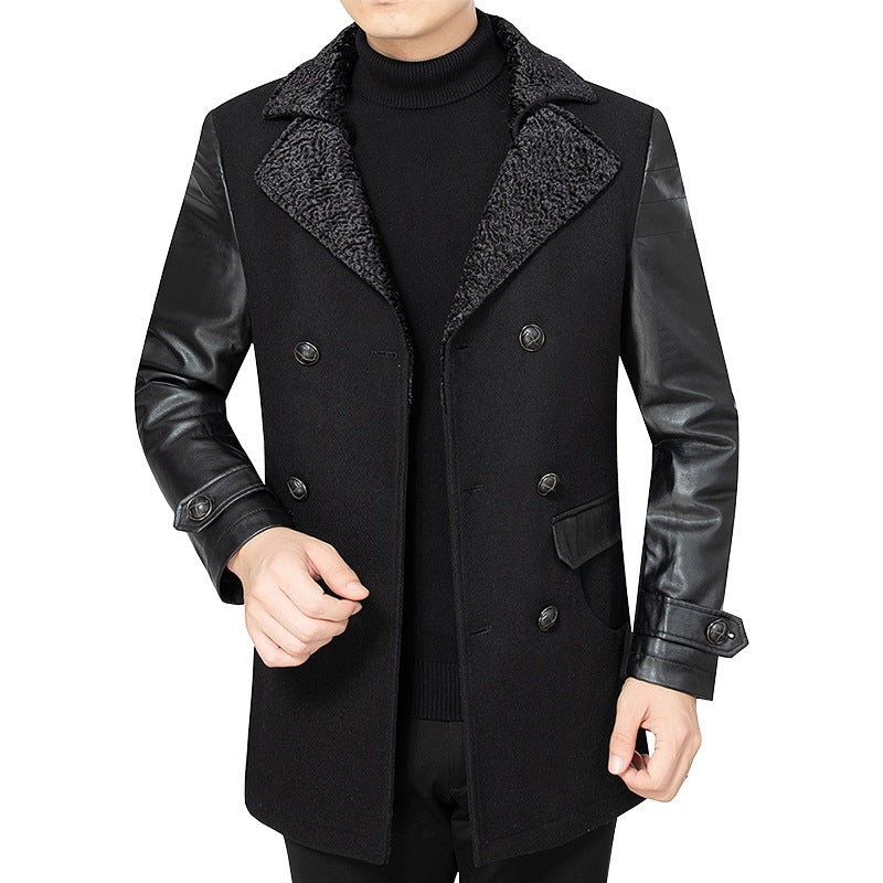 Men's Elegant Coat with Leather Sleeves and Padded Collar Lisslune