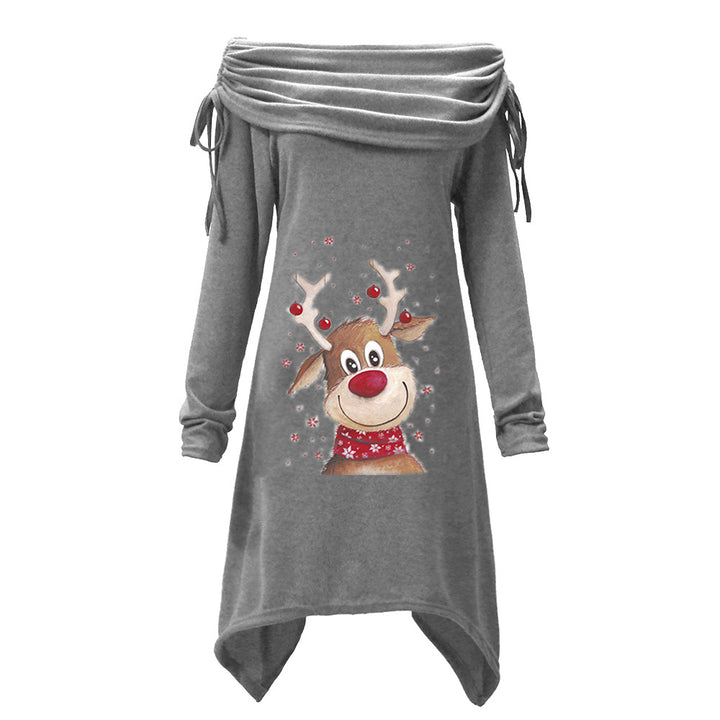 Women's casual dress with off-the-shoulder design and playful reindeer motif