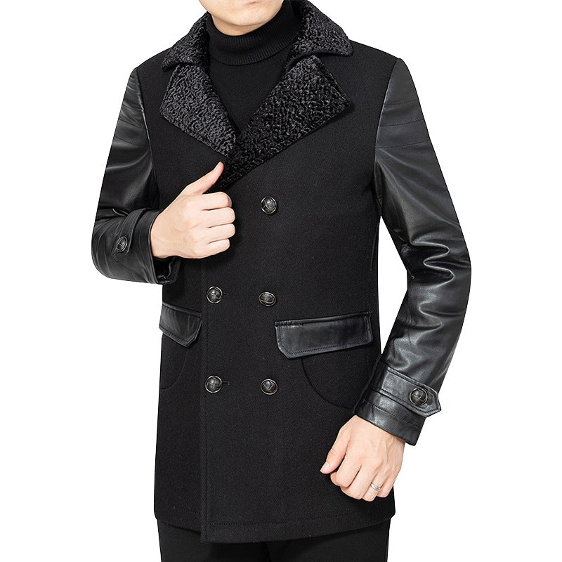 Men's Elegant Coat with Leather Sleeves and Padded Collar Lisslune