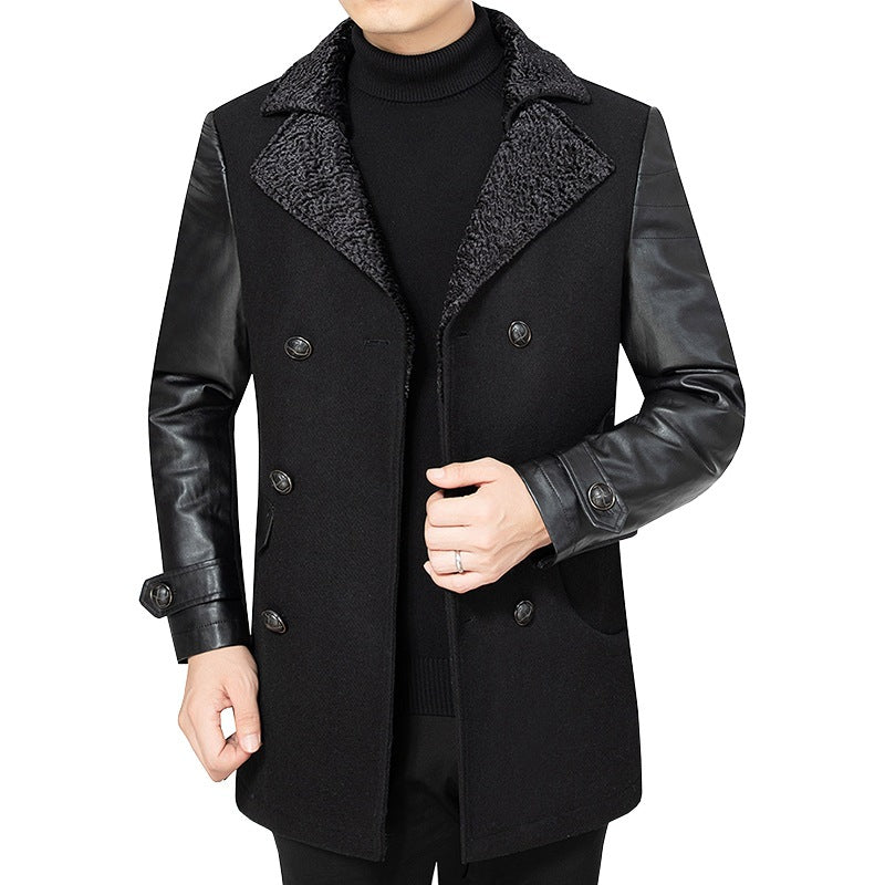 Men's Elegant Coat with Leather Sleeves and Padded Collar Lisslune