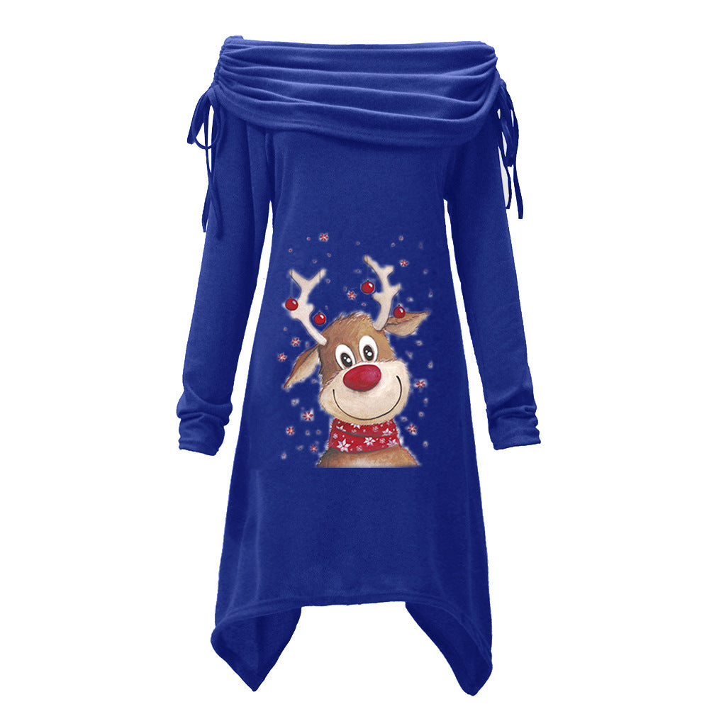 Women's casual dress with off-the-shoulder design and playful reindeer motif