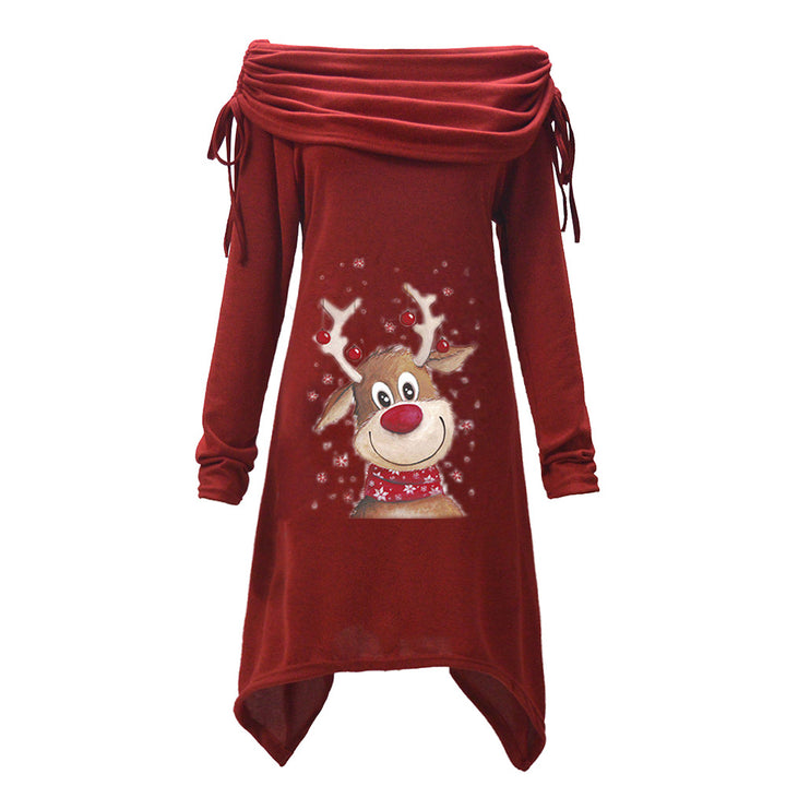Women's casual dress with off-the-shoulder design and playful reindeer motif