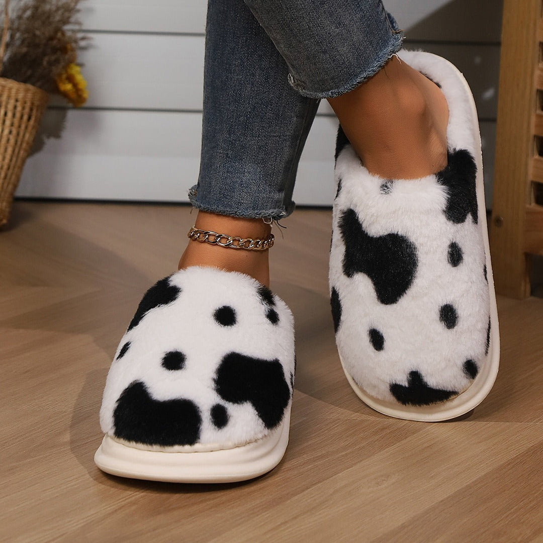 Lisslune | Shady Cow Print Plush Slippers for Couples - Cozy Anti-Slip Soft Home Shoes for Winter