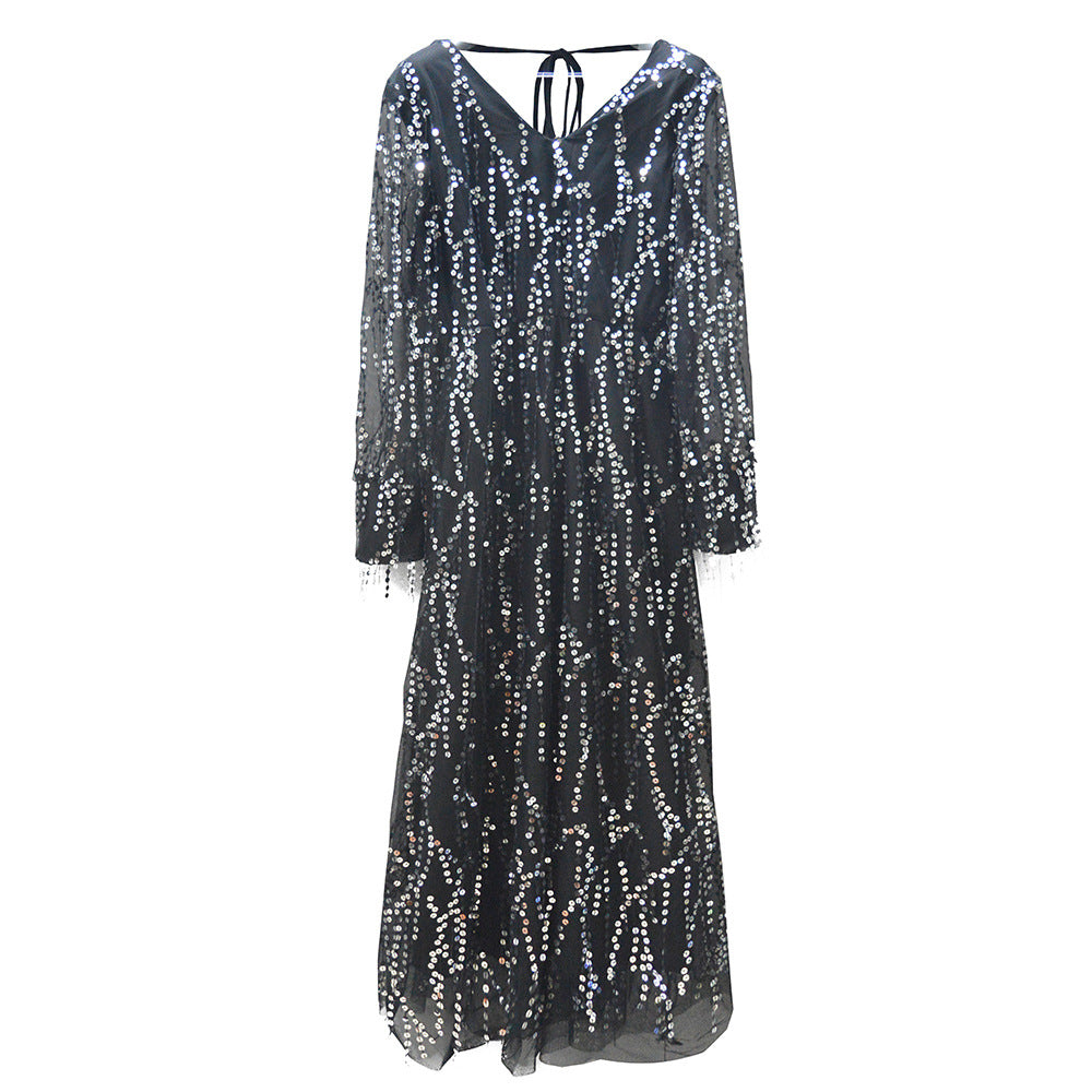 Women's Festive Maxi Dress with Sparkling Sequin Trim and Sheer Sleeves