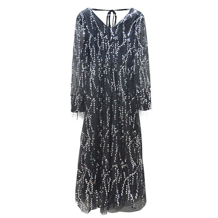 Women's Festive Maxi Dress with Sparkling Sequin Trim and Sheer Sleeves