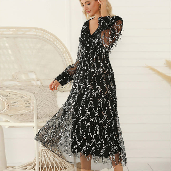 Women's Festive Maxi Dress with Sparkling Sequin Trim and Sheer Sleeves