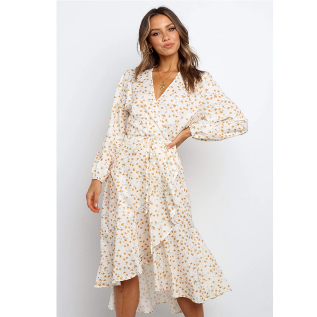 Women's wrap dress with playful floral print and flowing skirt Lune London