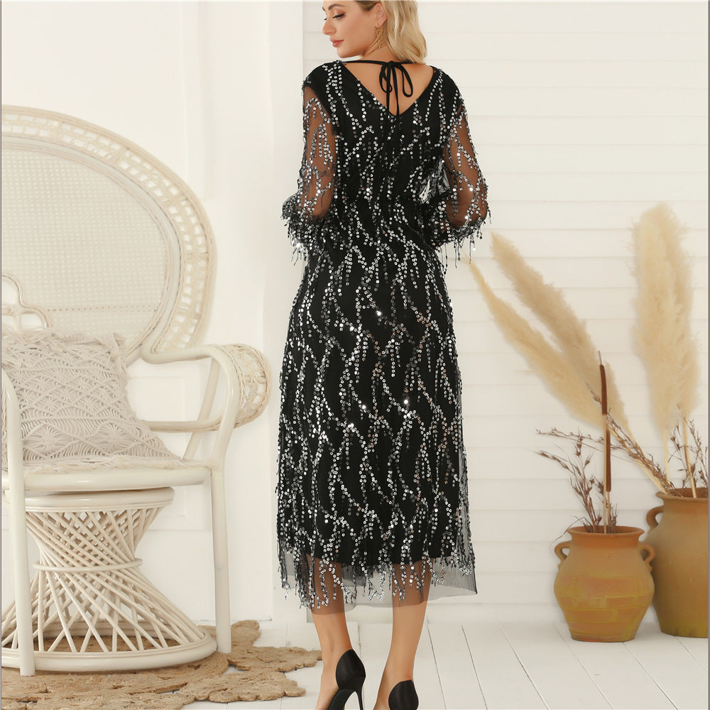 Women's Festive Maxi Dress with Sparkling Sequin Trim and Sheer Sleeves