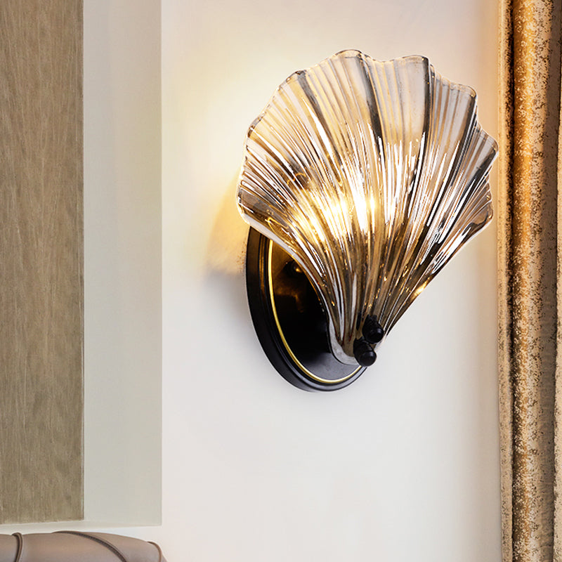 Skørter | Single Ribbed Shell Wall Lamp Country Style Black/Gold Ribbed Glass Wall Lighting Fixture