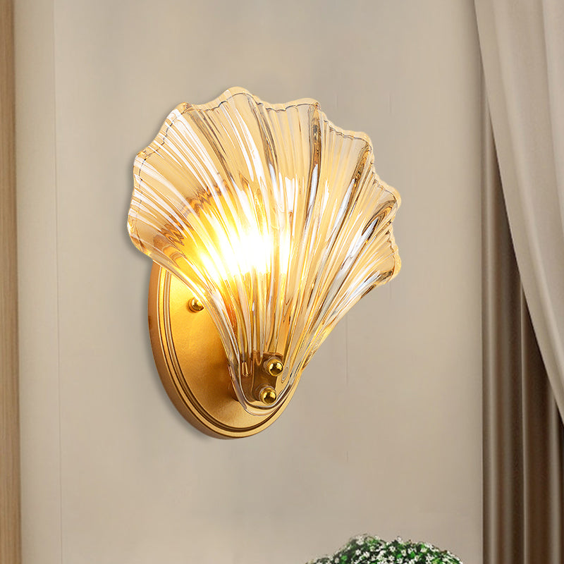 Skørter | Single Ribbed Shell Wall Lamp Country Style Black/Gold Ribbed Glass Wall Lighting Fixture