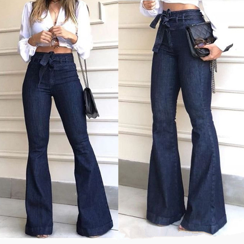 Women's High-Cut Flared Jeans with Stylish Belt and Frayed Hem Lisslune