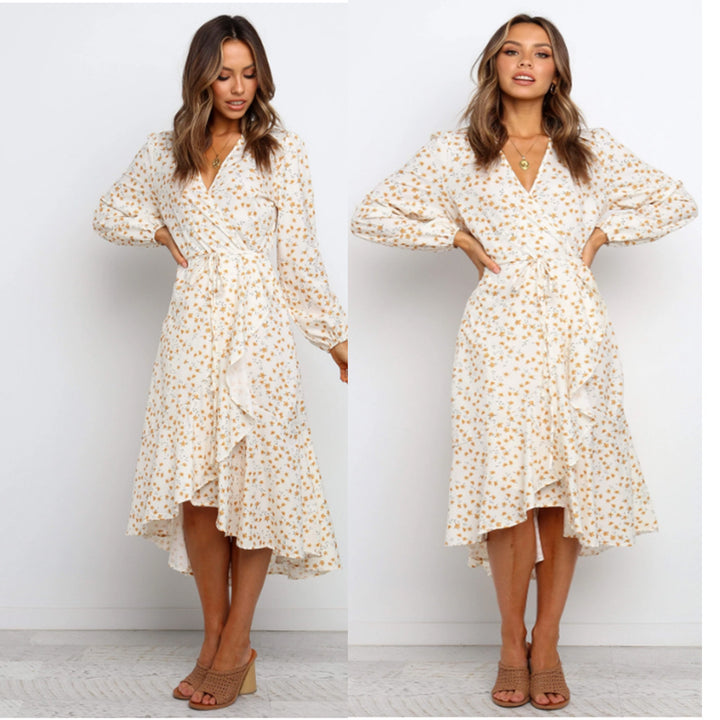 Women's wrap dress with playful floral print and flowing skirt Lune London