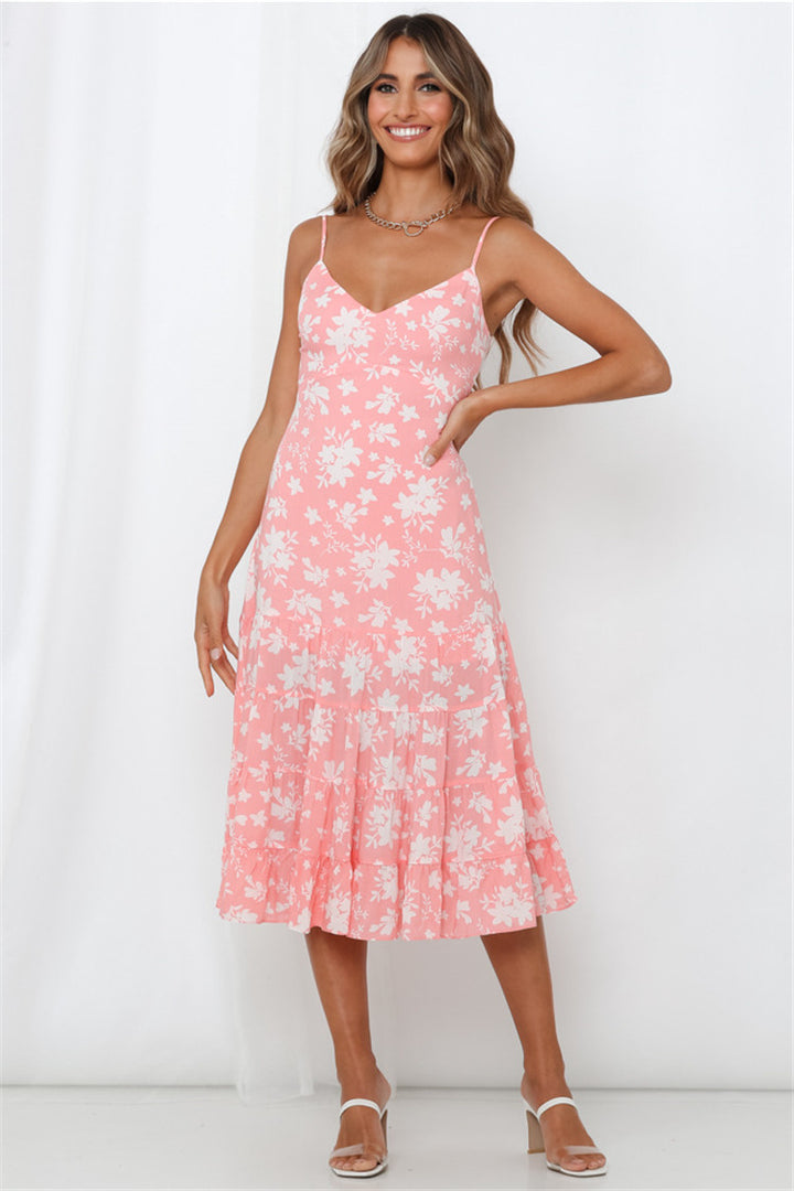 Women's Summer Floral Dress with Romantic Ruffles and Spaghetti Straps