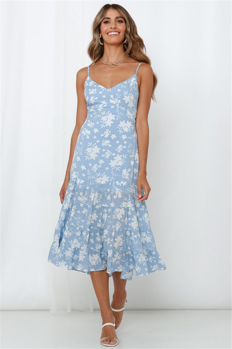 Women's Summer Floral Dress with Romantic Ruffles and Spaghetti Straps