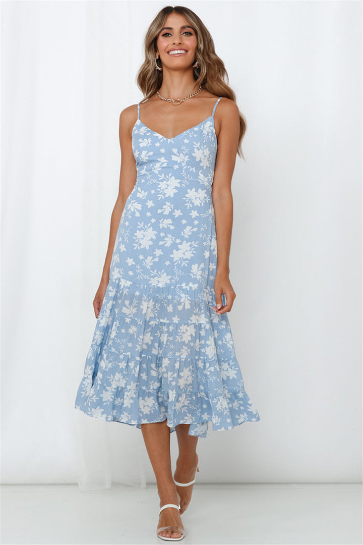 Women's Summer Floral Dress with Romantic Ruffles and Spaghetti Straps