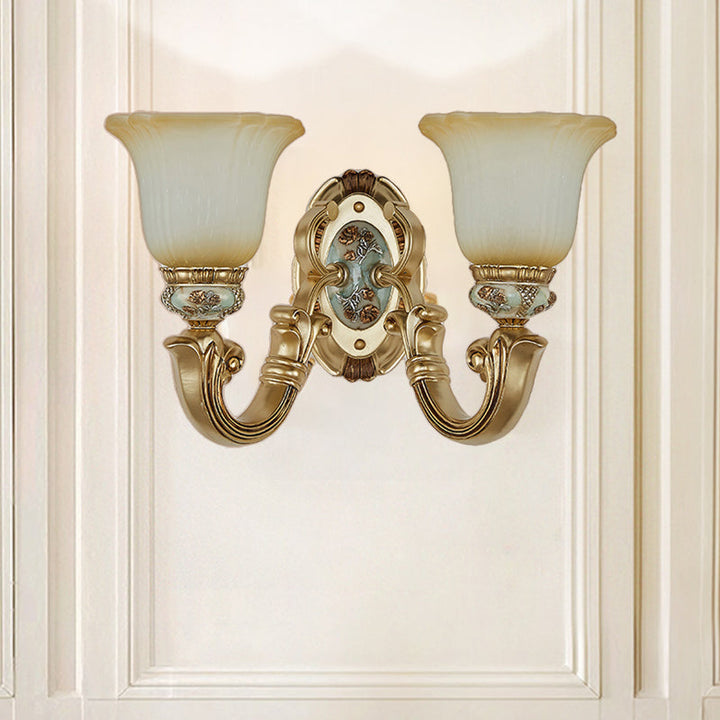 Skørter | 1/2-Light Wall Lamp Retro Living Room Lamp with Bell Frosted Glass Dome in Gold