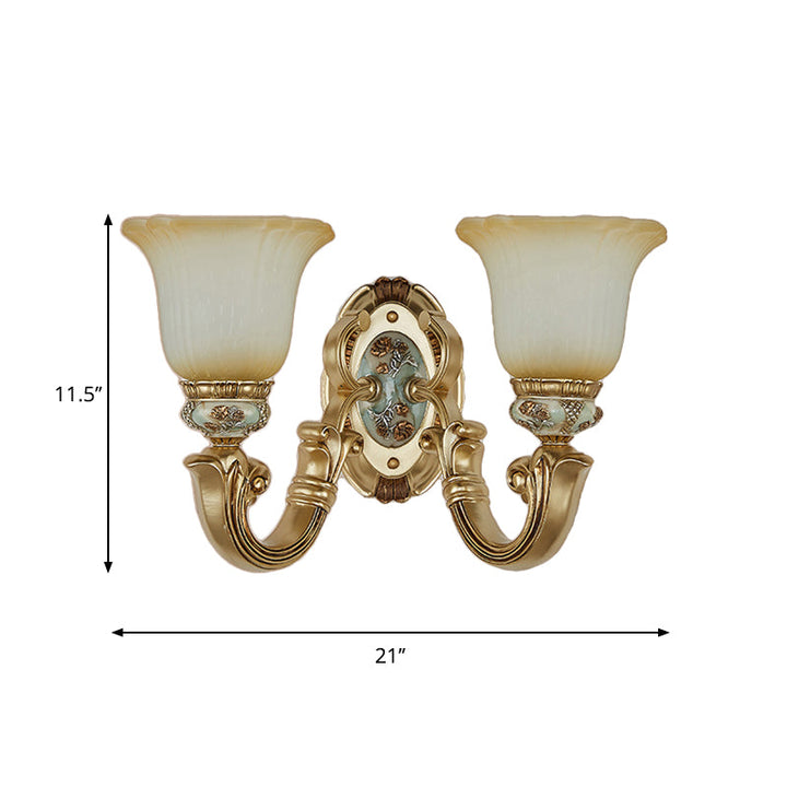 Skørter | 1/2-Light Wall Lamp Retro Living Room Lamp with Bell Frosted Glass Dome in Gold