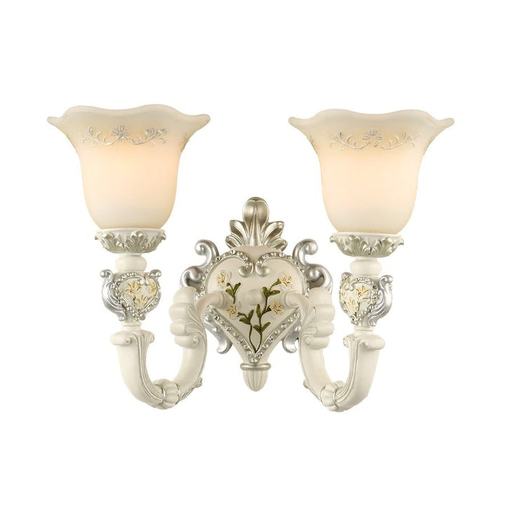 Skørter | 1/2-Head Ivory Glass Wall Lamp Traditional White Bell-Shaped Bedroom Wall Light Kit