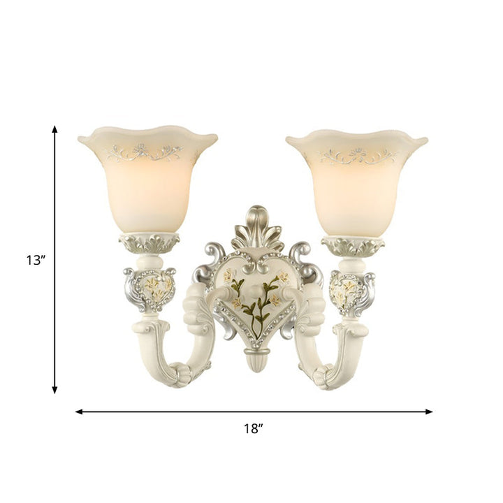 Skørter | 1/2-Head Ivory Glass Wall Lamp Traditional White Bell-Shaped Bedroom Wall Light Kit