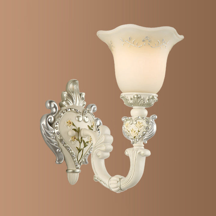 Skørter | 1/2-Head Ivory Glass Wall Lamp Traditional White Bell-Shaped Bedroom Wall Light Kit