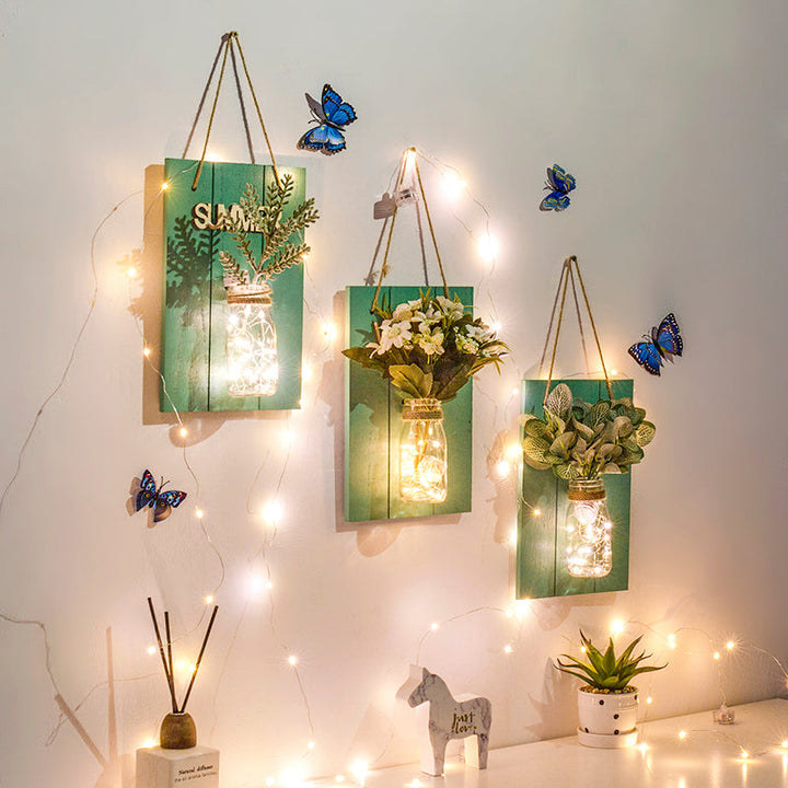 Skørter | Clear Glass Jar Wall Light Modern Plant Decor String Light with Green Wood Backplate