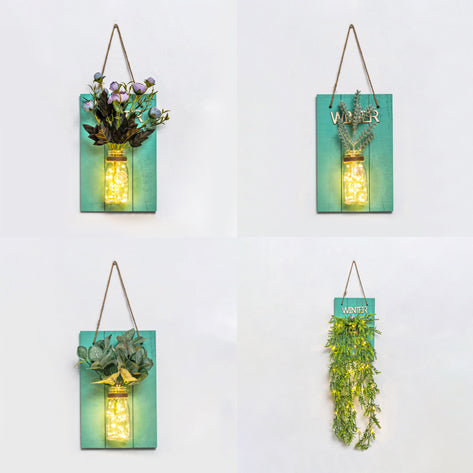 Skørter | Clear Glass Jar Wall Light Modern Plant Decor String Light with Green Wood Backplate