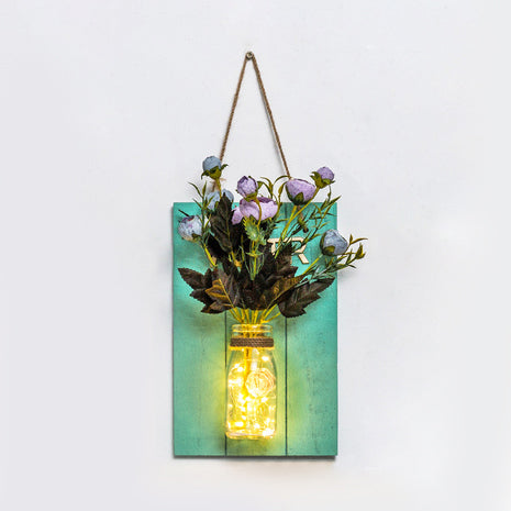 Skørter | Clear Glass Jar Wall Light Modern Plant Decor String Light with Green Wood Backplate