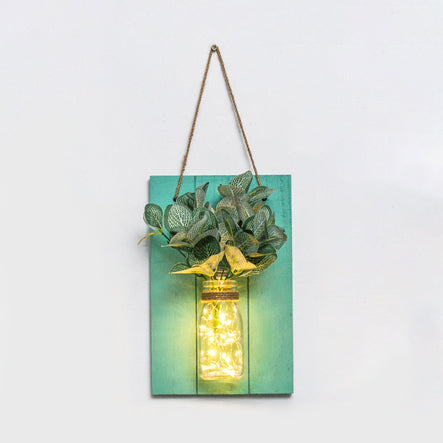Skørter | Clear Glass Jar Wall Light Modern Plant Decor String Light with Green Wood Backplate