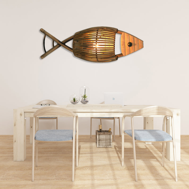 Lisslune | Tropical Style Fish Design Wall Mounted Light Bamboo 1-Light Dining Room Wall Lamp Lighting in Wood