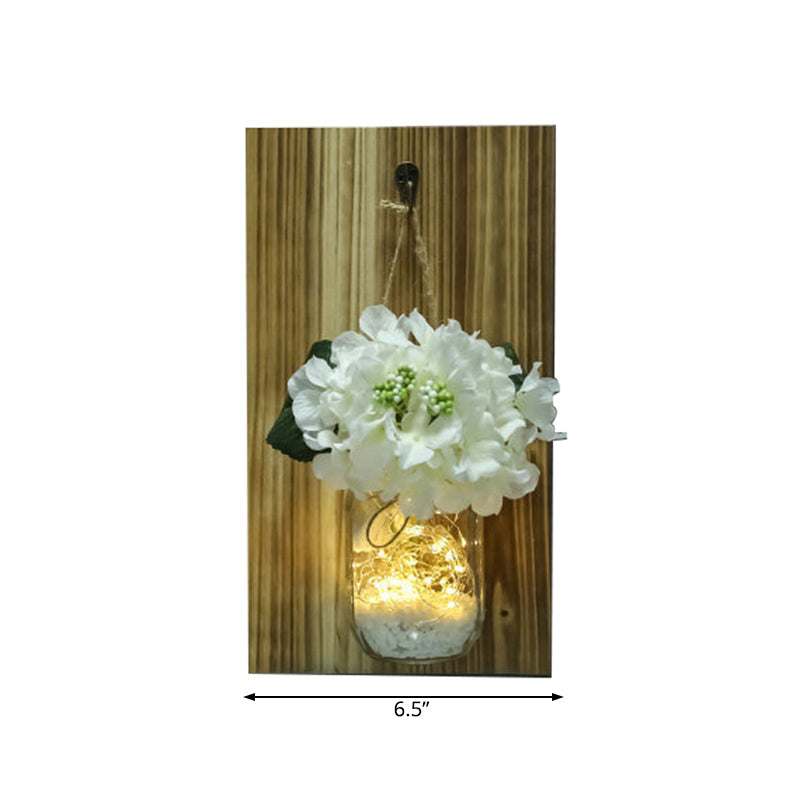 Skørter | White Flowers Wall String Lights Nordic Clear Glass Glass Jar Twinkle Light with Wooden Back Plate