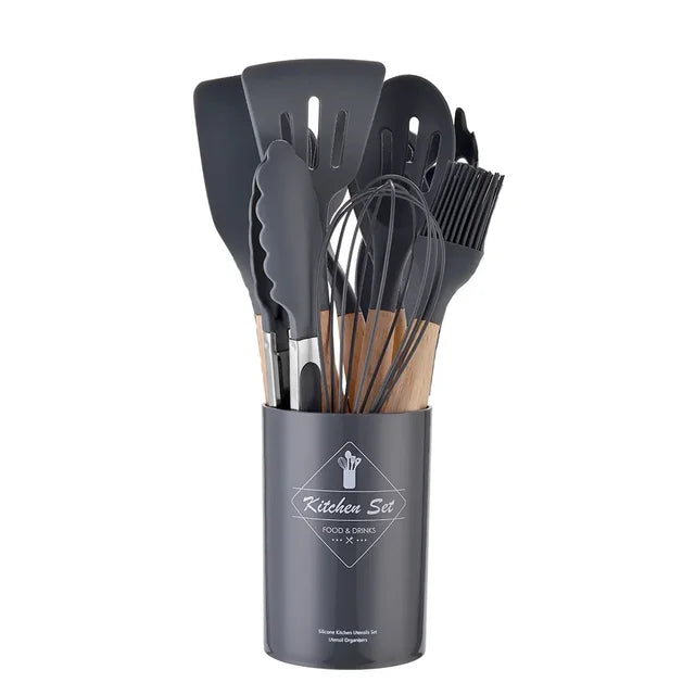 Lisslune | ELEGANT COOKING | 12-piece set silicone kitchen utensils | kitchen tool with wooden handle | sustainable kitchen helpers