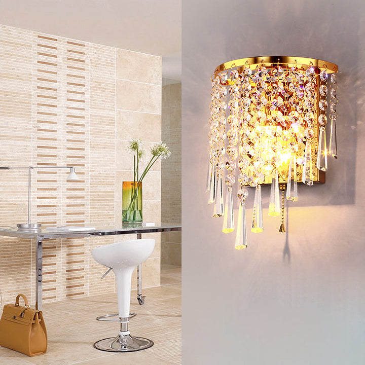 Lisslune | Modern Luxury Semi-Round Octagonal Pearl Stainless Steel Crystal 1-Light Wall Sconce Lamp for Living Room
